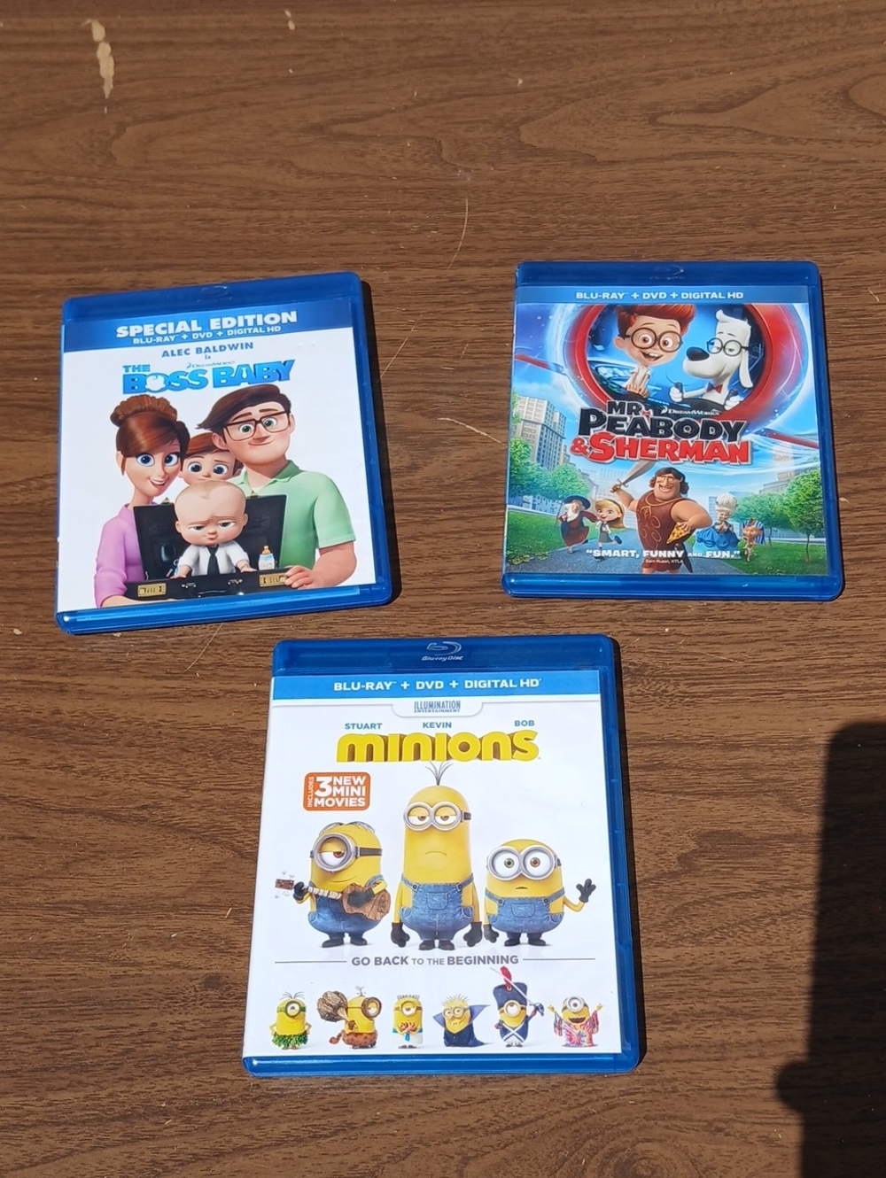Movie Bundle: The Boss Baby, Mr. Peabody & Sherman, Minions Blu-Ray ONLY